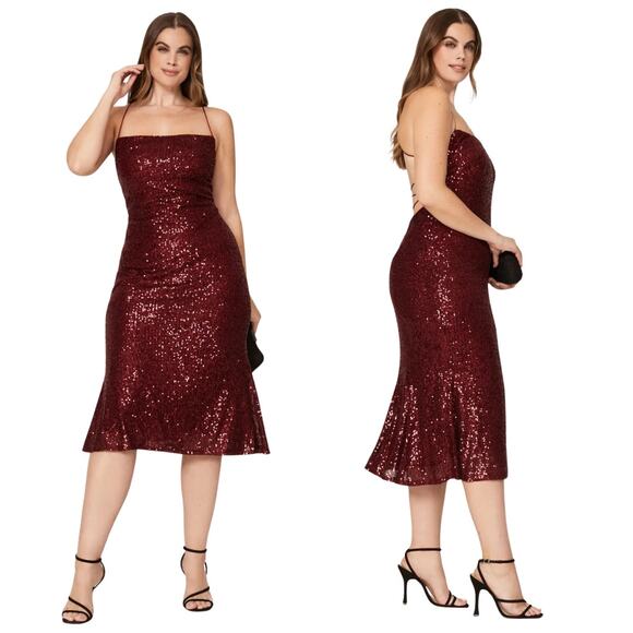 Mac Duggal Sequin Open Back Midi Dress 16 Red - Picture 1 of 9